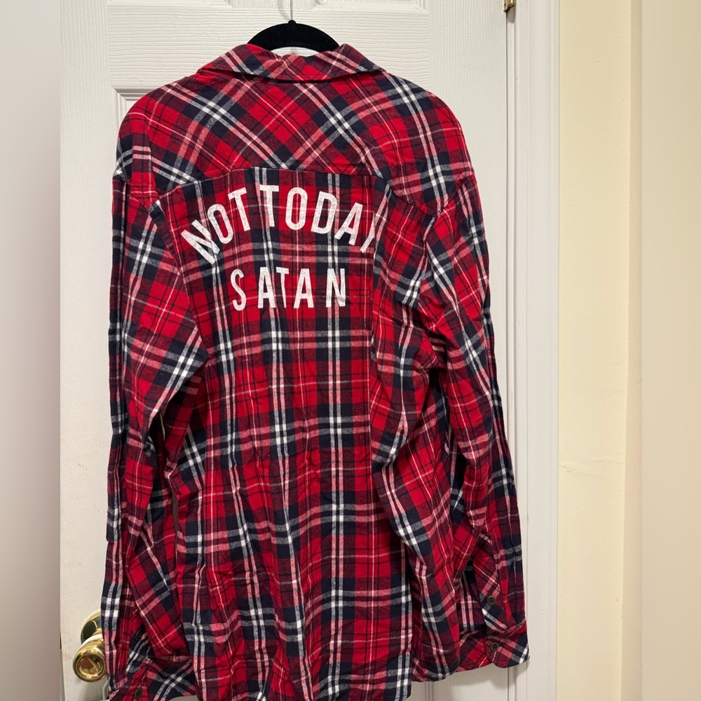 The Light Blonde Not Today Satan Red and Blue Plaid Shirt Flannel Button down
